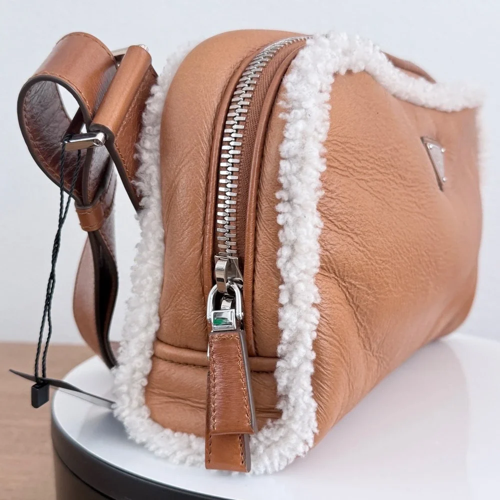 Prada Bandoliera Montone Shearling Leather Crossbody Bag Cognac 2VH181